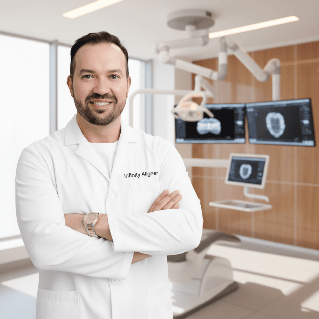 Clinician in an Infinity Aligner coat, arms crossed, in a treatment room with scan images on the screens behind