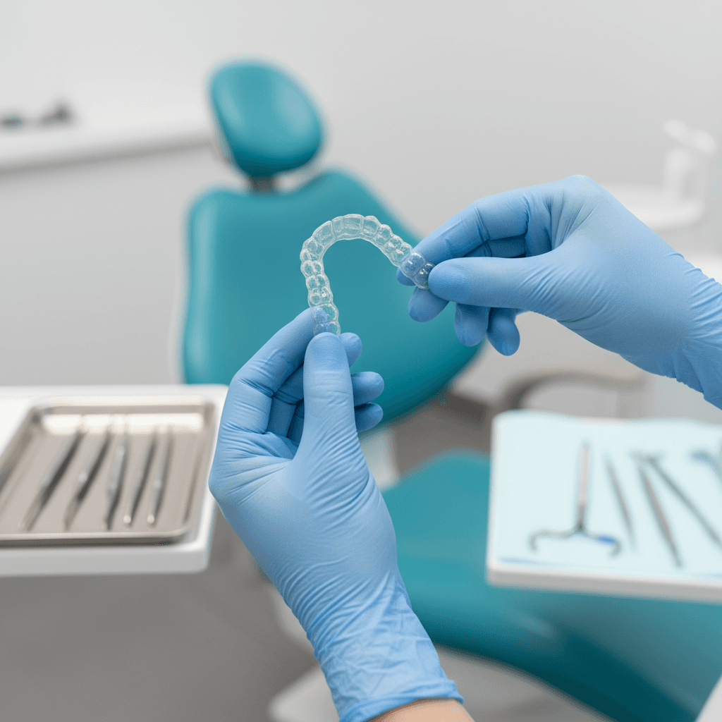 Gloved hands holding a clear aligner tray in a treatment room